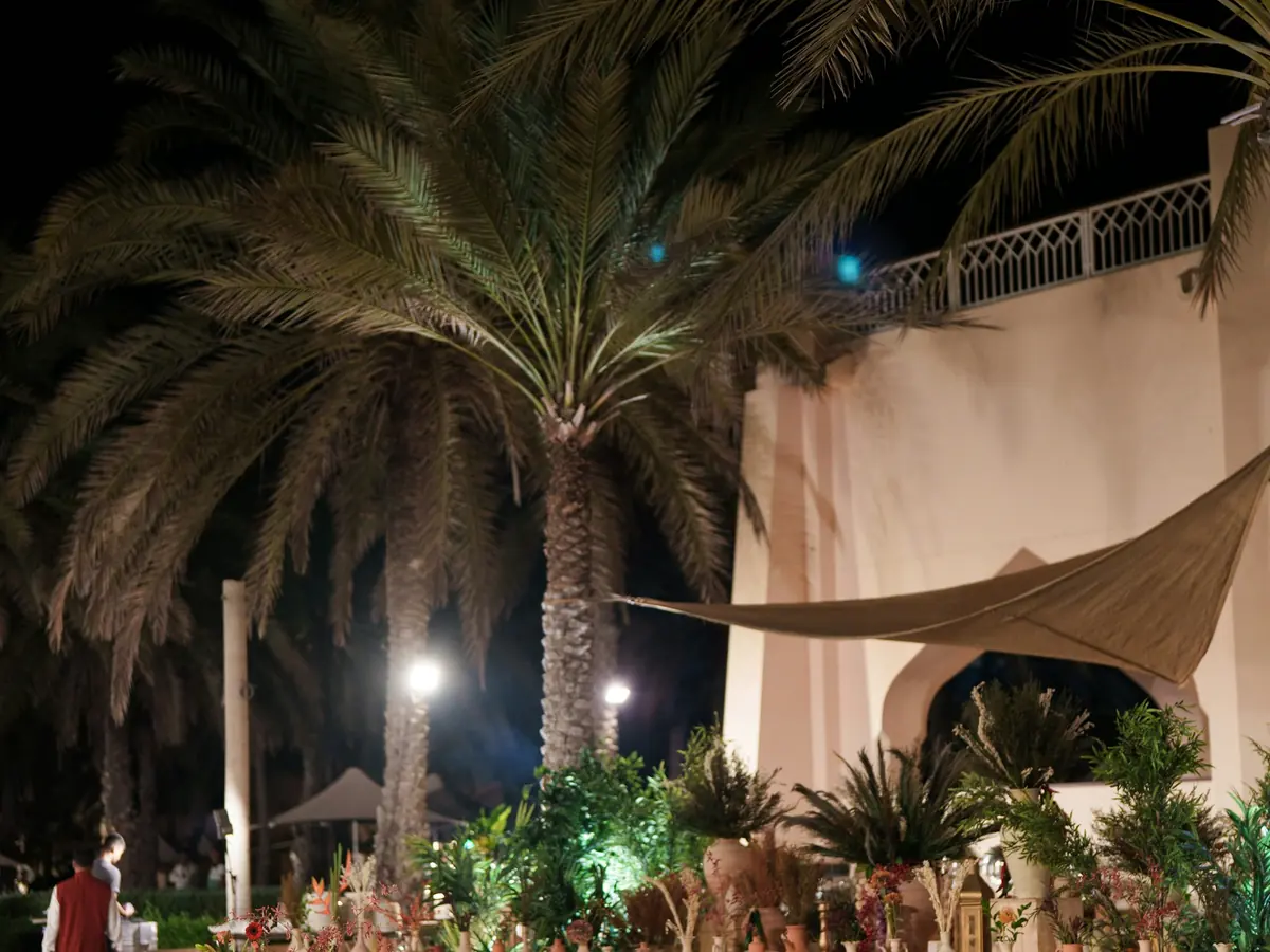 Wedding reception dinner at a villa with palm trees at night