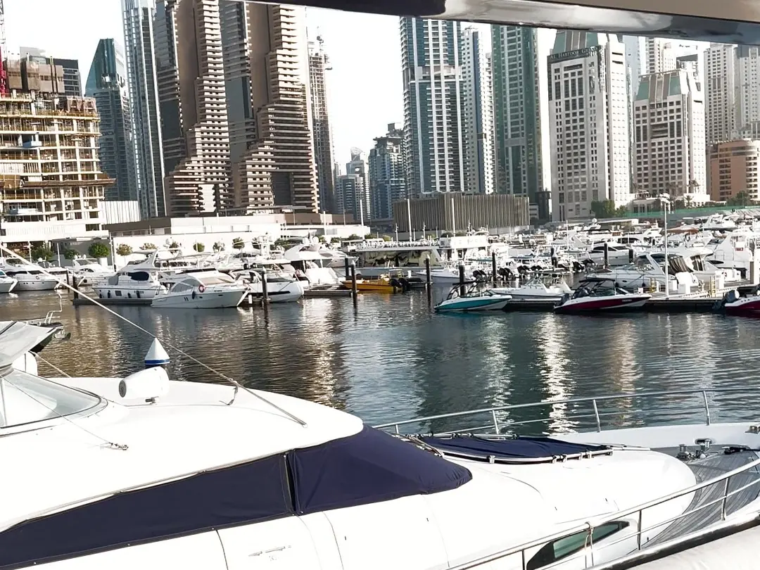 View of Dubai Marina from the deck during a yacht charter