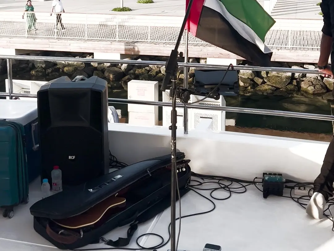 Sound equipment set up on a yacht deck in Dubai Marina